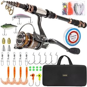 PLUSINNO Fishing Rod and Reel Combos – Carbon Fiber Telescopic Fishing Pole – Spinning Reel 12 +1 Shielded Bearings Stainless Steel BB