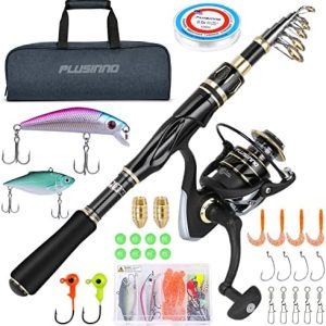 PLUSINNO Fishing Rod and Reel Combos Set,Telescopic Fishing Pole with Spinning Reels, Carbon Fiber Fishing Rod for Travel Saltwater Freshwater Fishing